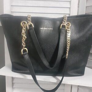 Michael Kors Black Jet Set Saffiano Chain Tote Bag Purse
